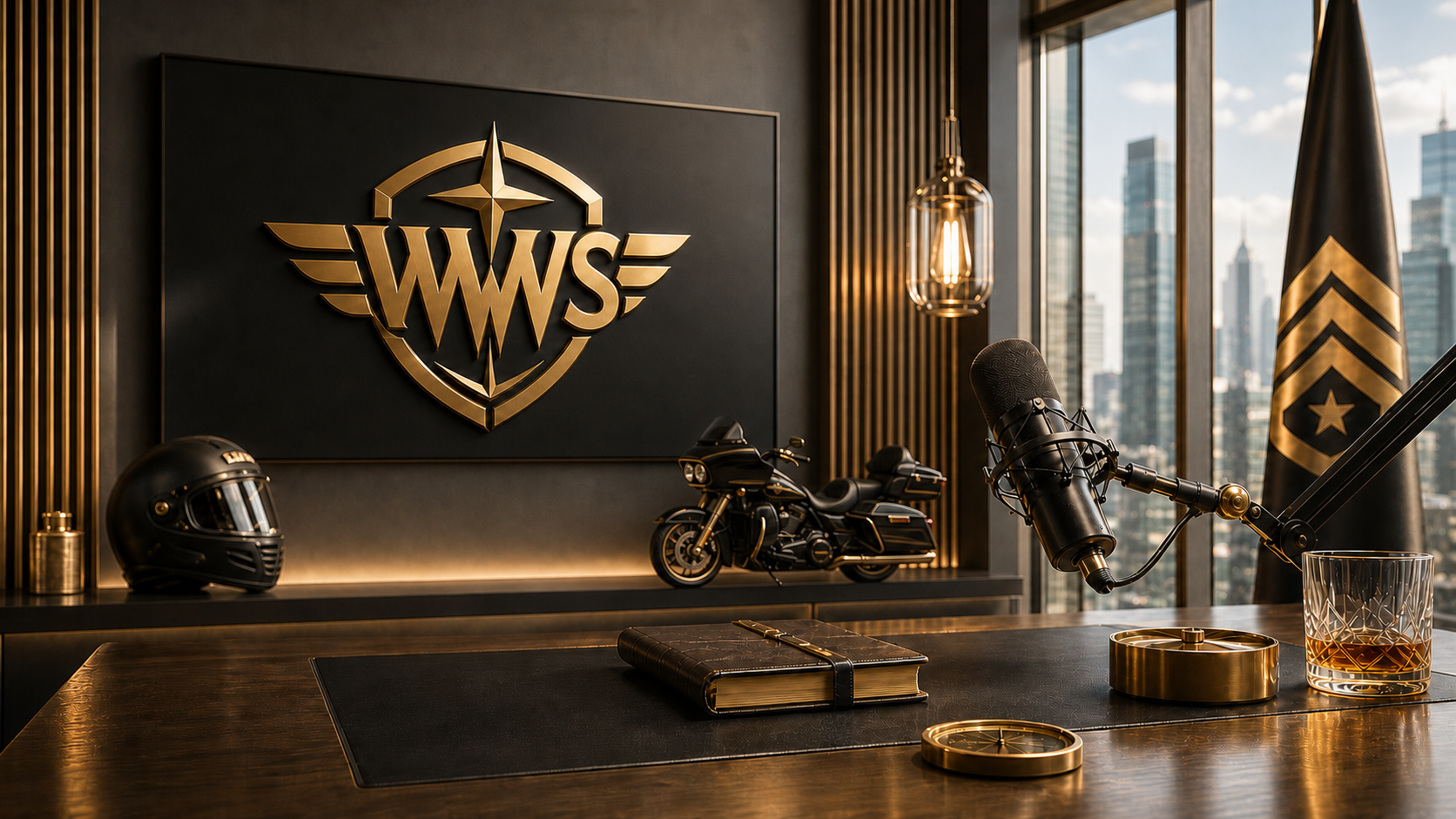 Premium WWWS command studio with desk, motorcycle, and brand wall